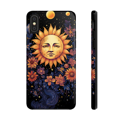 iPhone case with floral sun, moon, and stars design
