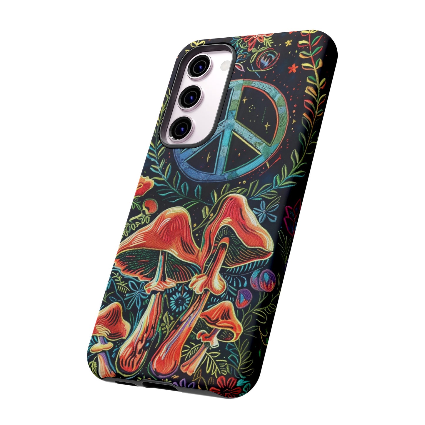 Embroidery Style Magic Mushrooms and Peace Sign Phone Case