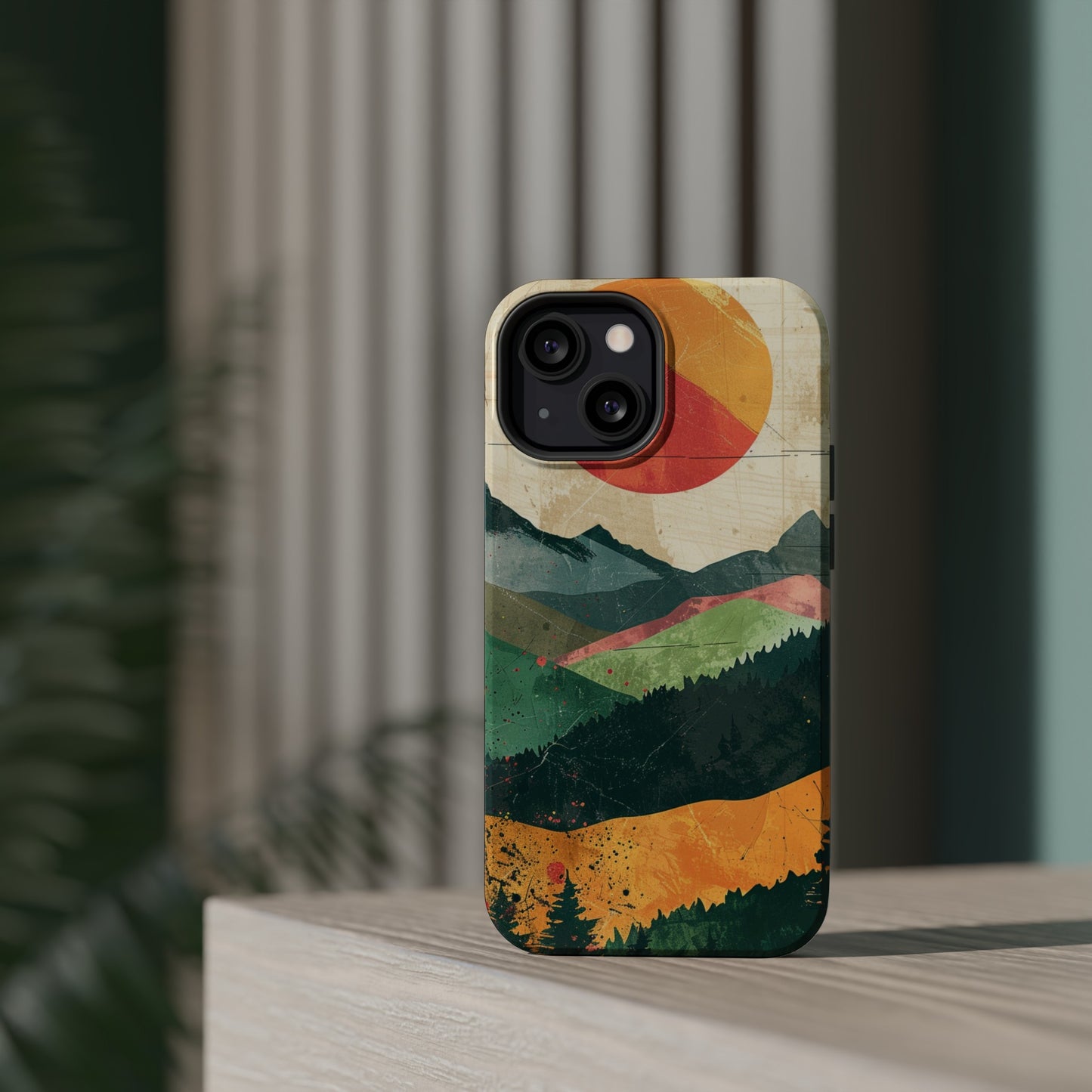 Retro Mountain Sunset Orange and Red MagSafe Phone Case, iPhone 15 Case, Tough Phone Cover, Americana Outdoor Nature Lover