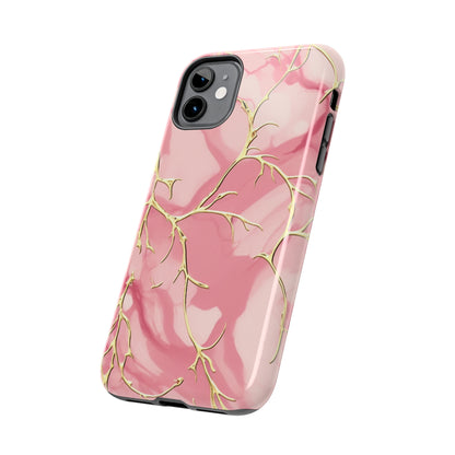 iPhone Elegance Unveiled: Pink & Gold Leaf Marble | Premium Tough iPhone Case