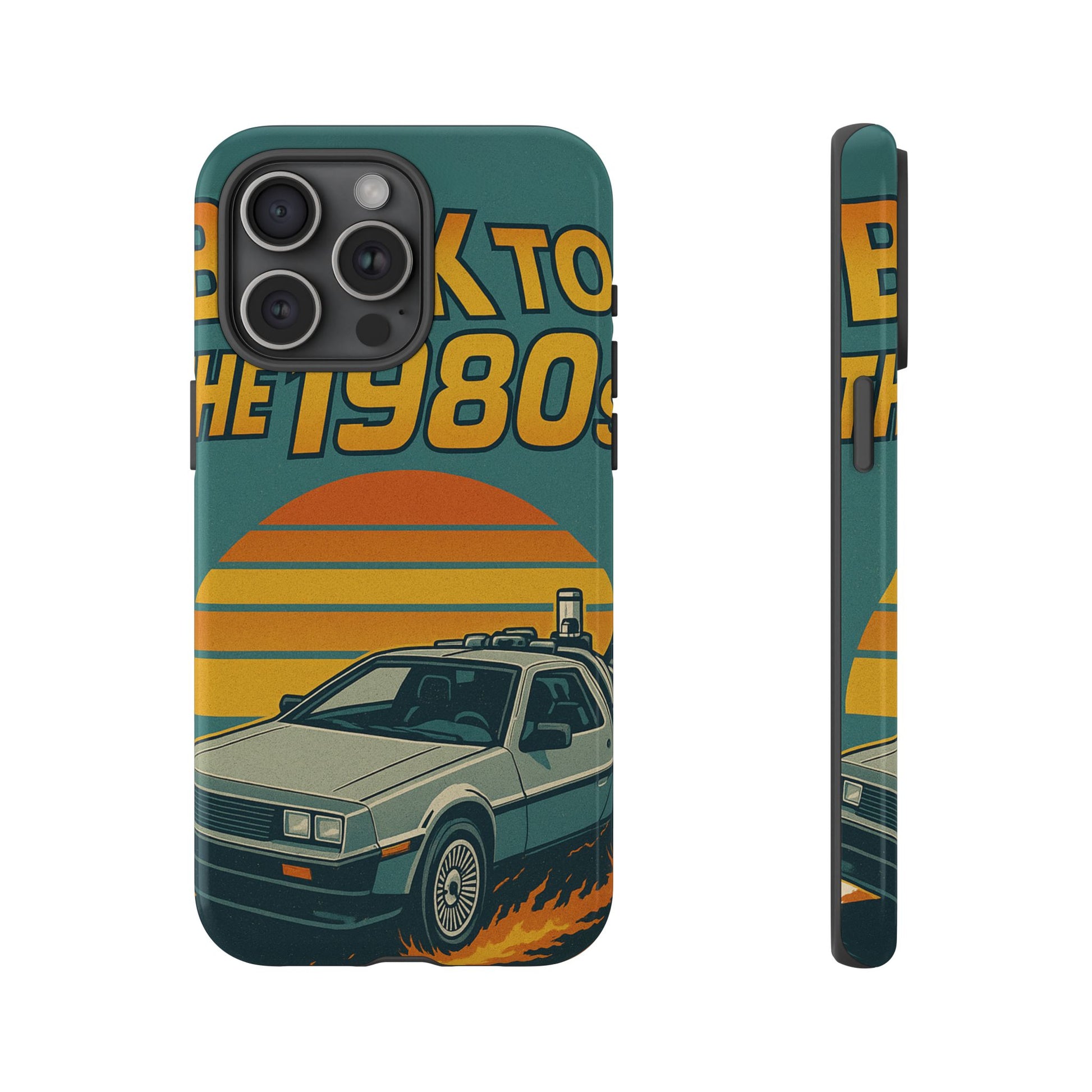 80s nostalgia phone case with futuristic DeLorean artwork