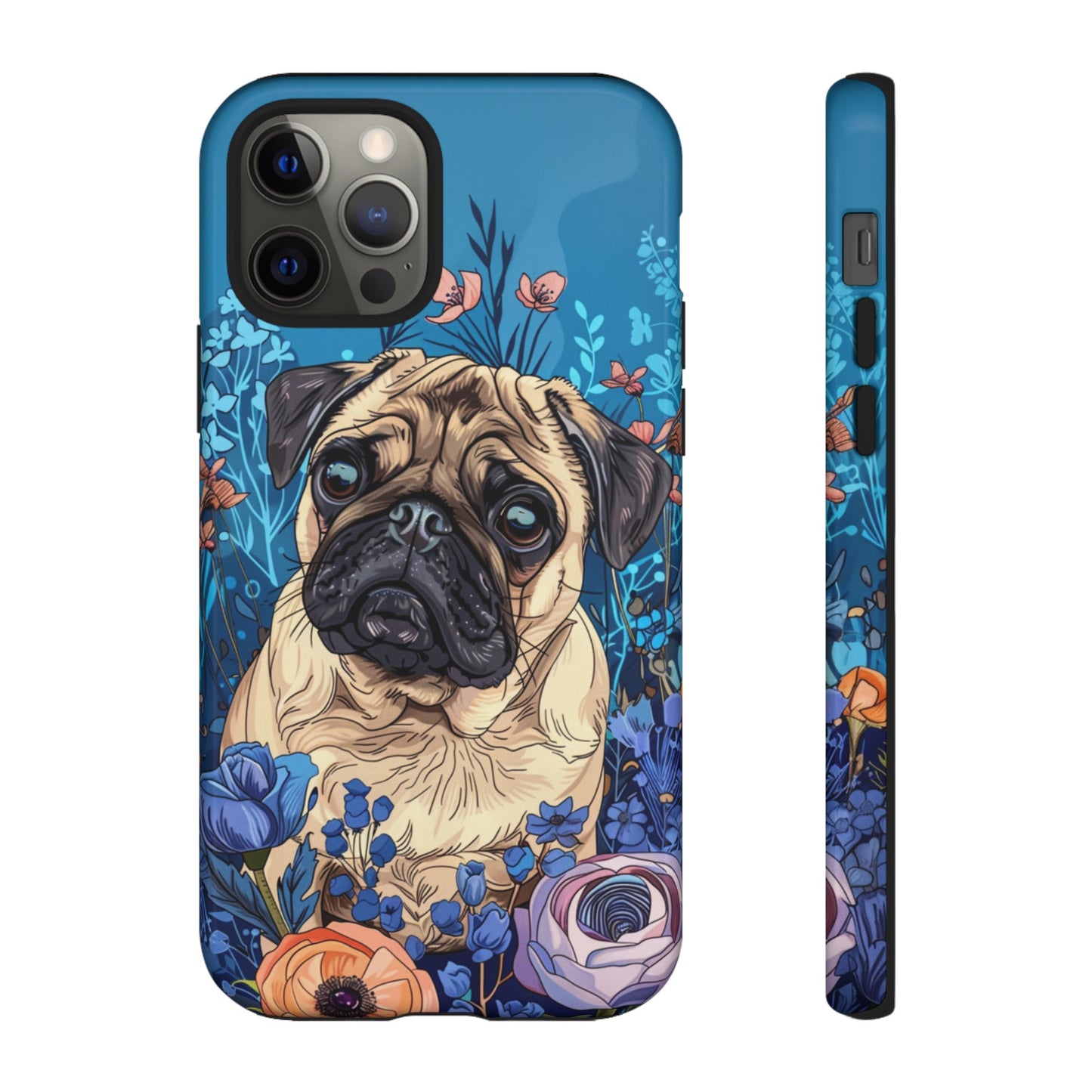 Cute Pug Dog Blue Floral Design Phone Case