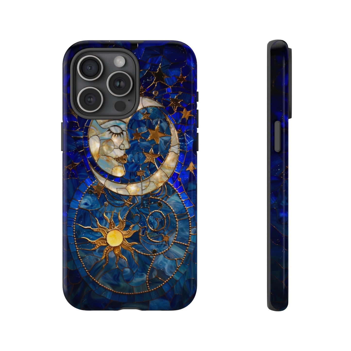 Celestial Stained Glass Moon and Stars Phone Case, Night Sky iPhone 15 Case