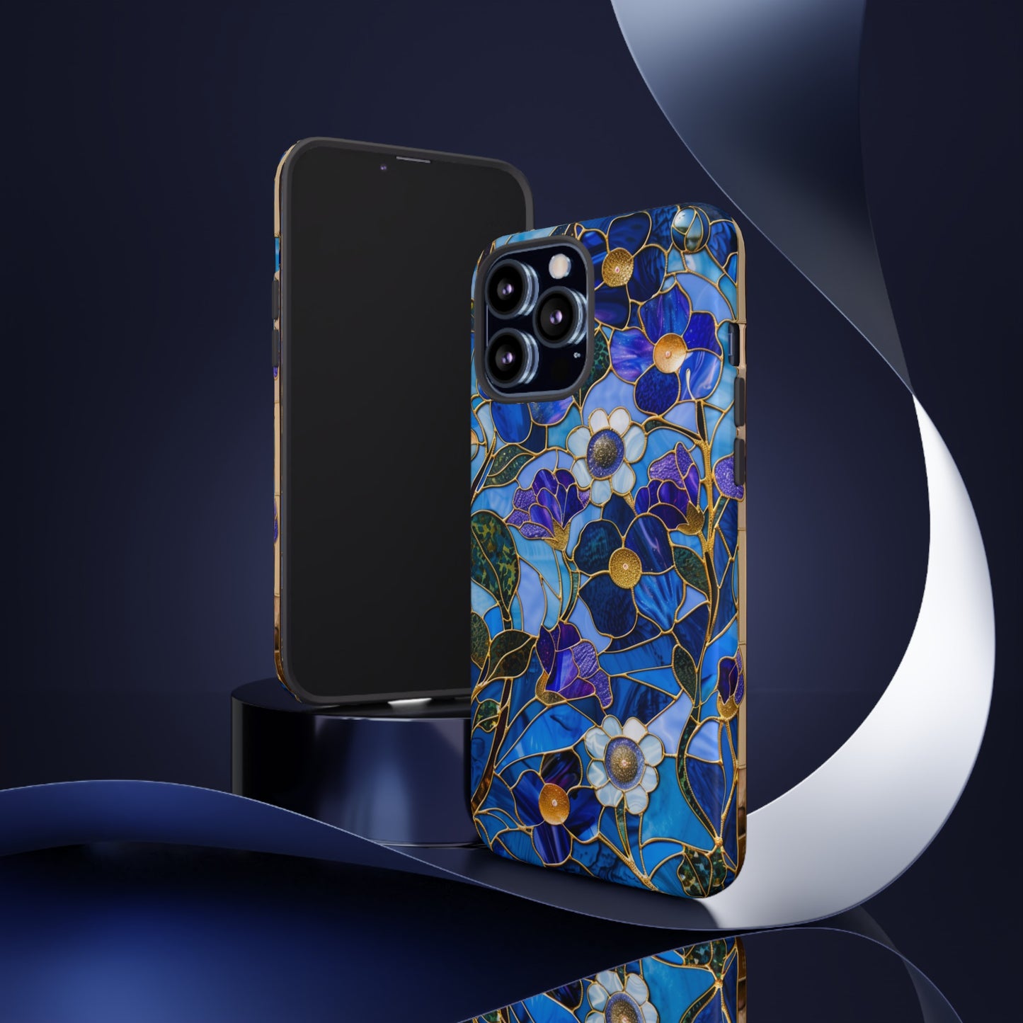 Blue Floral Stained Glass Gold Inlay Wild Flowers Phone Case