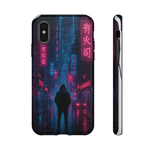 Cyberpunk phone case with neon futuristic artwork
