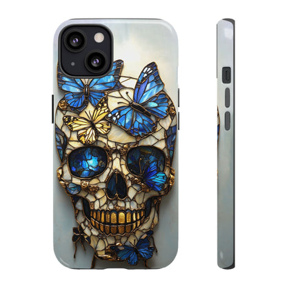 Gold and Blue Stained Glass Skull and Butterflies Phone Cover