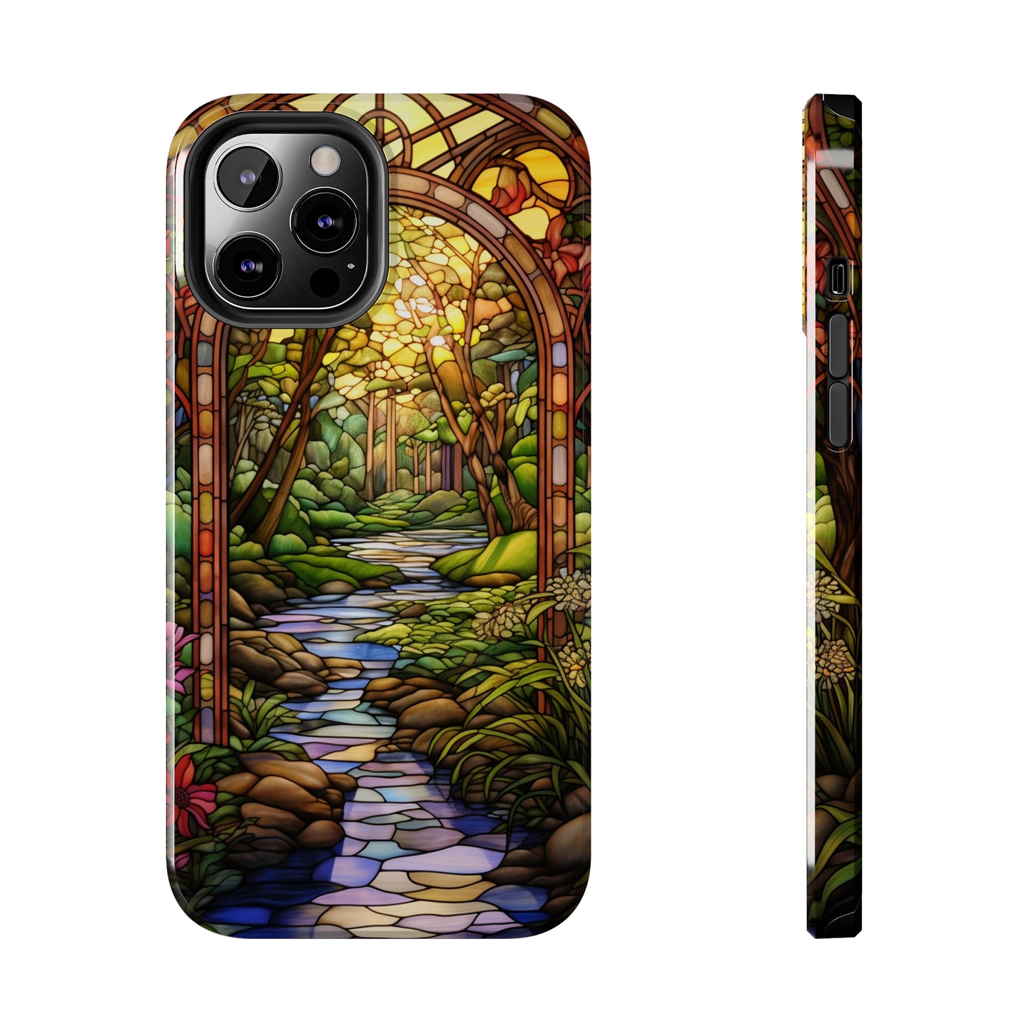 Stained Glass Stone Bridge and River Phone Case: Floral Art Nouveau Design | Bohemian Elegance for iPhone 14 Pro Max, iPhone 14 Plus