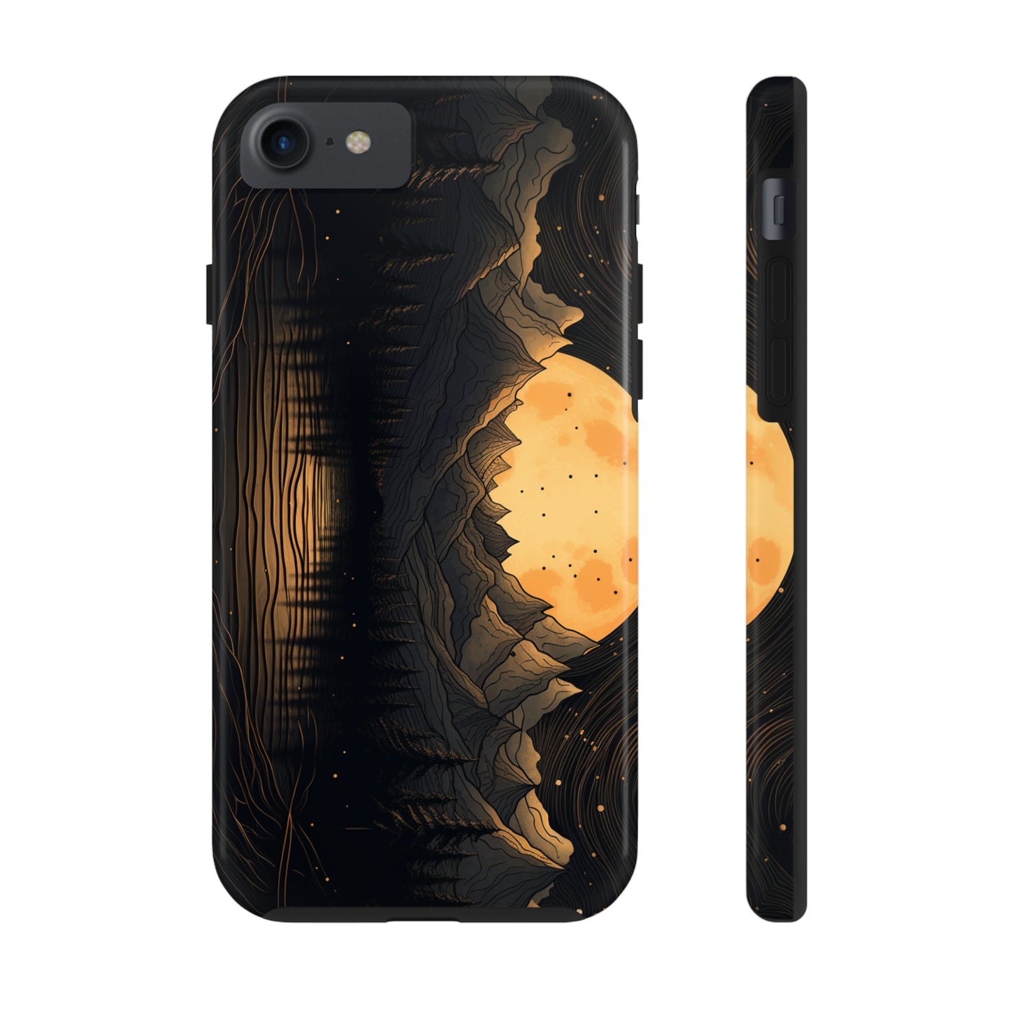 Abstract Landscape Black and Gold Mountains iPhone Case | Embrace the Mystical Full Moon