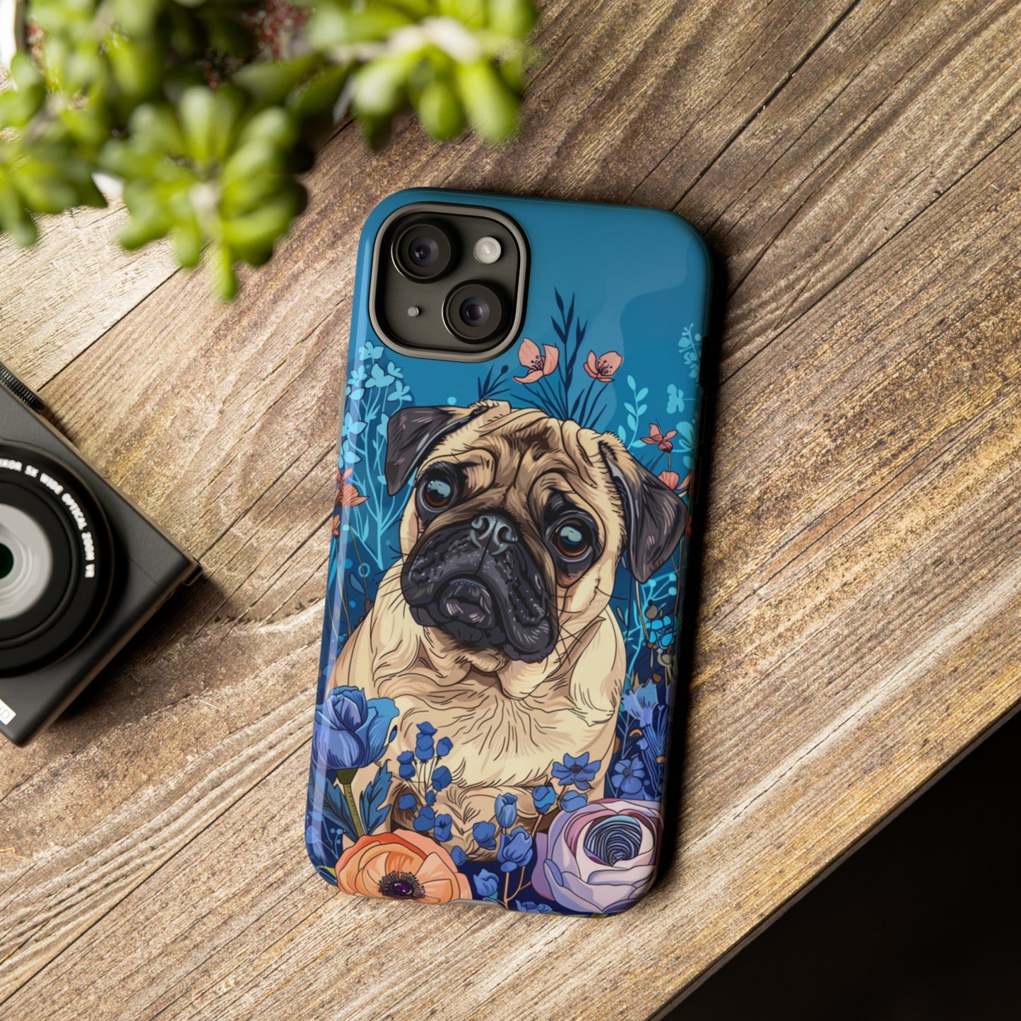 Cute Pug Dog Blue Floral Design Phone Case