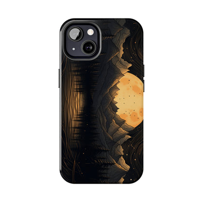 Abstract Landscape Black and Gold Mountains iPhone Case | Embrace the Mystical Full Moon