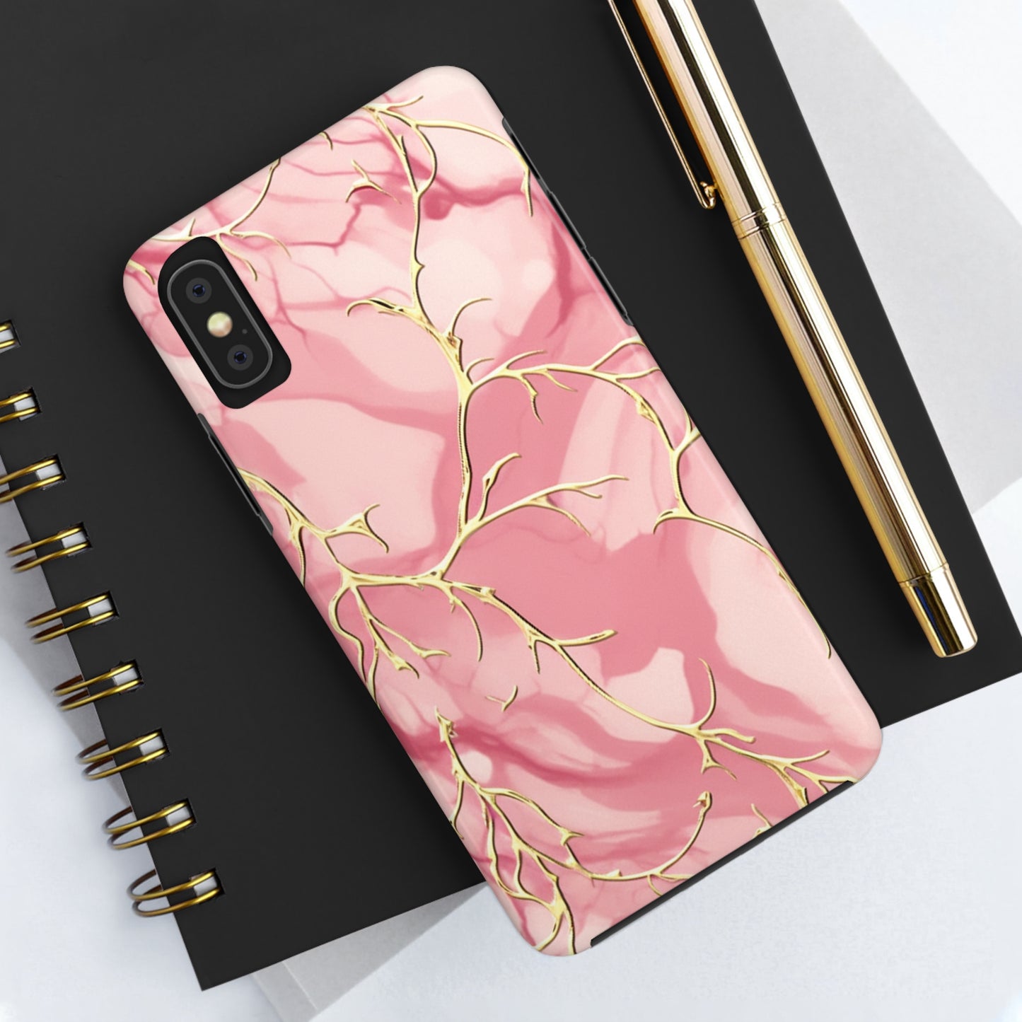 iPhone Elegance Unveiled: Pink & Gold Leaf Marble | Premium Tough iPhone Case