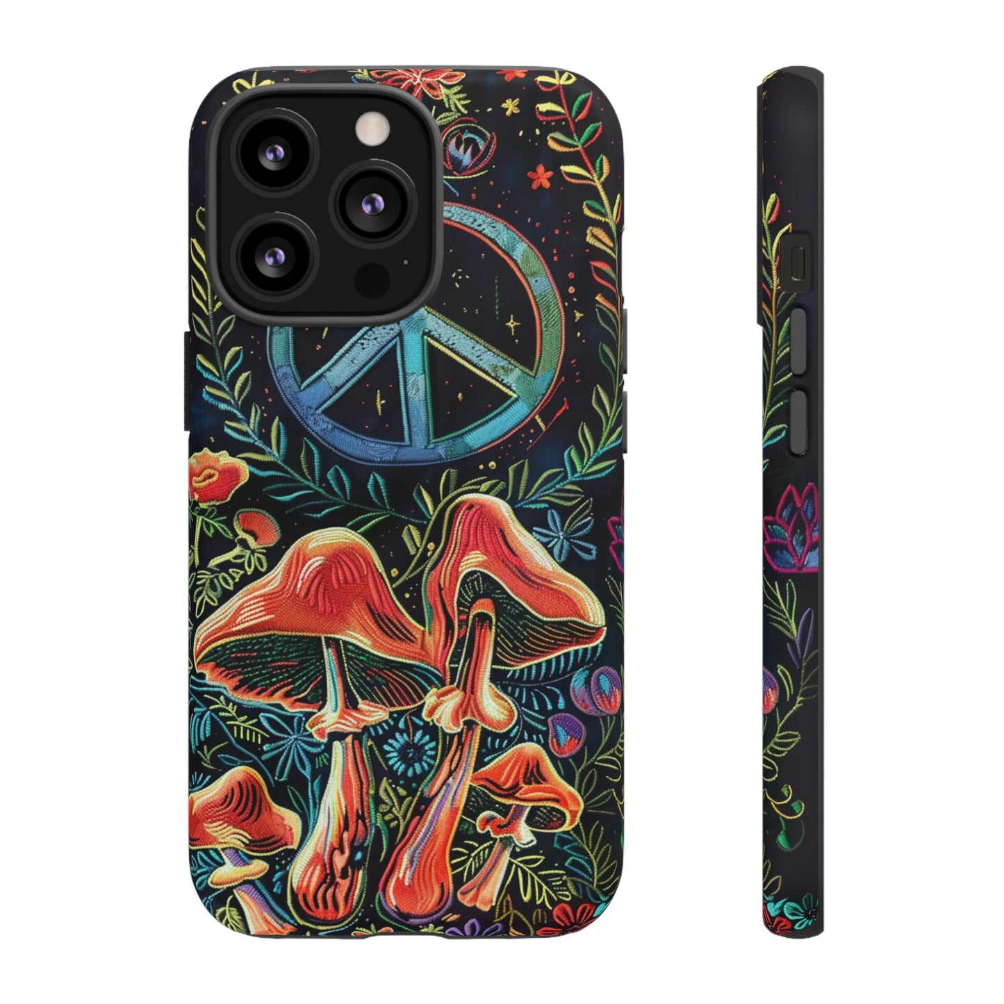 Embroidery Style Magic Mushrooms and Peace Sign Phone Case