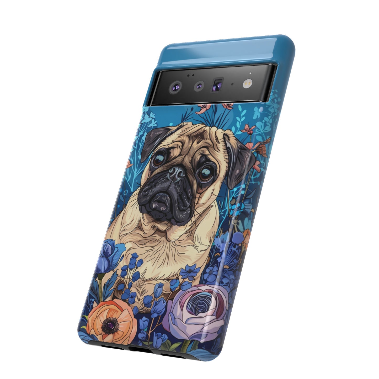 Cute Pug Dog Blue Floral Design Phone Case