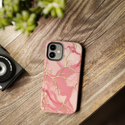 iPhone Elegance Unveiled: Pink & Gold Leaf Marble | Premium Tough iPhone Case