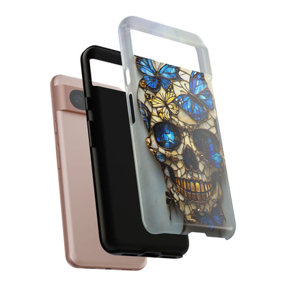 Gold and Blue Stained Glass Skull and Butterflies Phone Cover