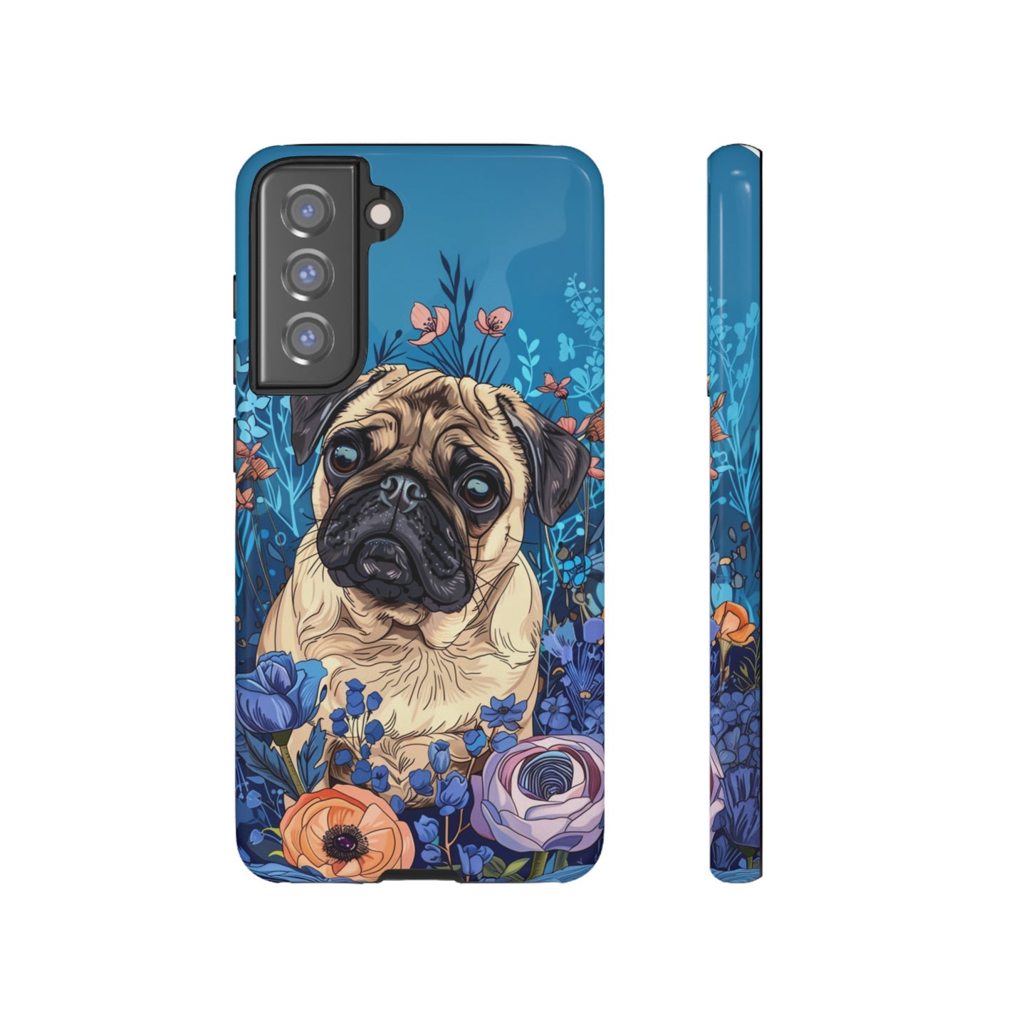 Cute Pug Dog Blue Floral Design Phone Case