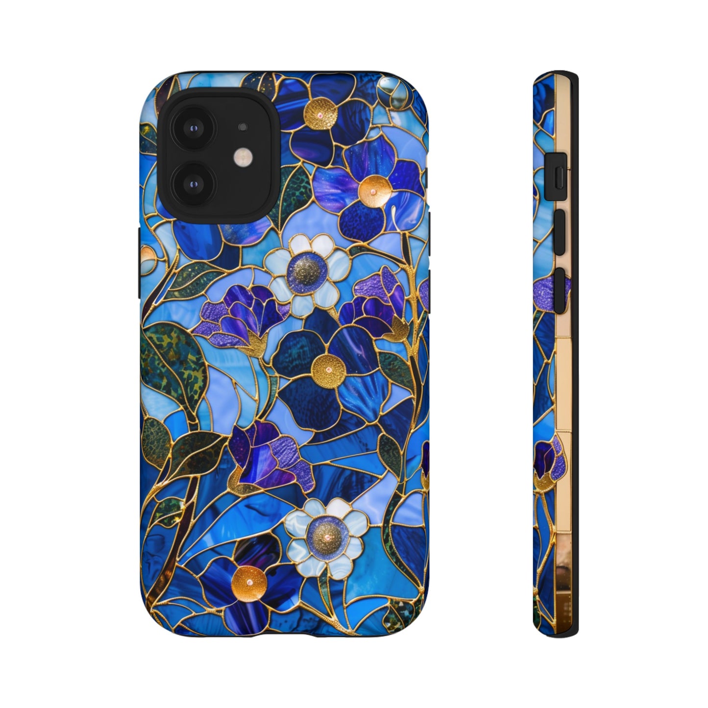 Blue Floral Stained Glass Gold Inlay Wild Flowers Phone Case