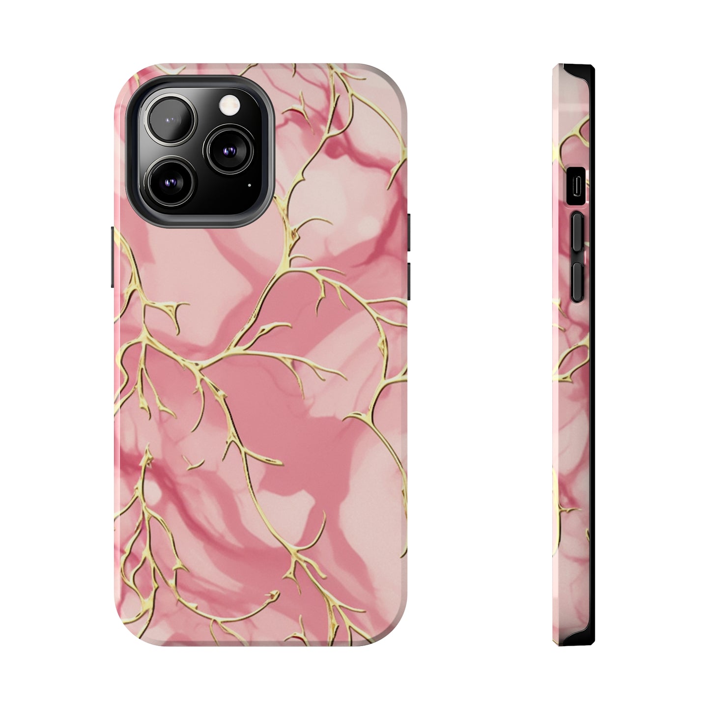 iPhone Elegance Unveiled: Pink & Gold Leaf Marble | Premium Tough iPhone Case