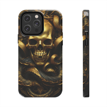 iPhone 14 Case Dark Elegance: Gold Skulls and Snakes Tough iPhone Case | An Edgy Goth Delight