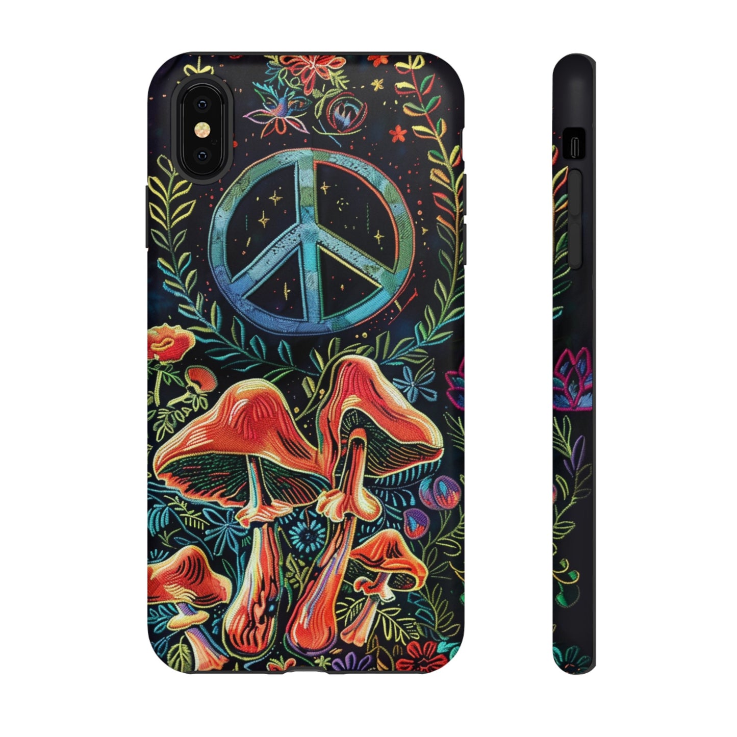 Embroidery Style Magic Mushrooms and Peace Sign Phone Case