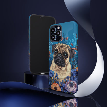 Cute Pug Dog Blue Floral Design Phone Case