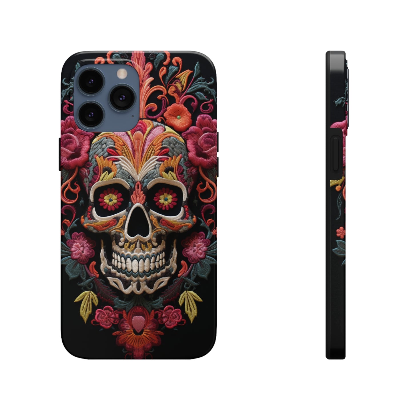 Embroidery Style Sugar Skulls Goth Dark Academia Tough Case iPhone, Edgy Cover, iPhone 14 Plus 13 12 7 8 Se Trendy Halloween Retro Vibe