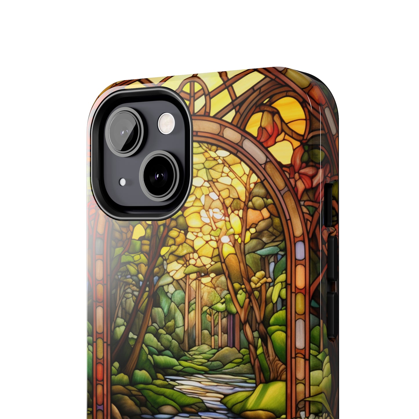 Stained Glass Stone Bridge and River Phone Case: Floral Art Nouveau Design | Bohemian Elegance for iPhone 14 Pro Max, iPhone 14 Plus