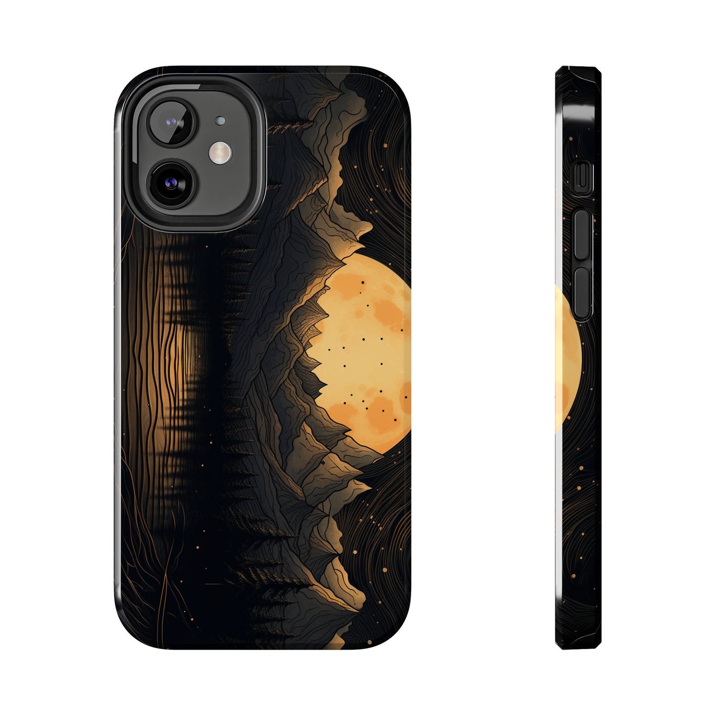 Abstract Landscape Black and Gold Mountains iPhone Case | Embrace the Mystical Full Moon