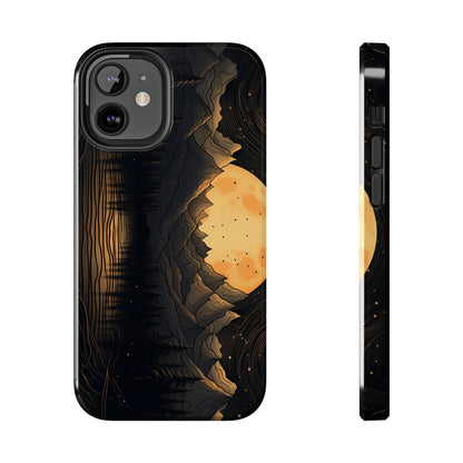 Abstract Landscape Black and Gold Mountains iPhone Case | Embrace the Mystical Full Moon