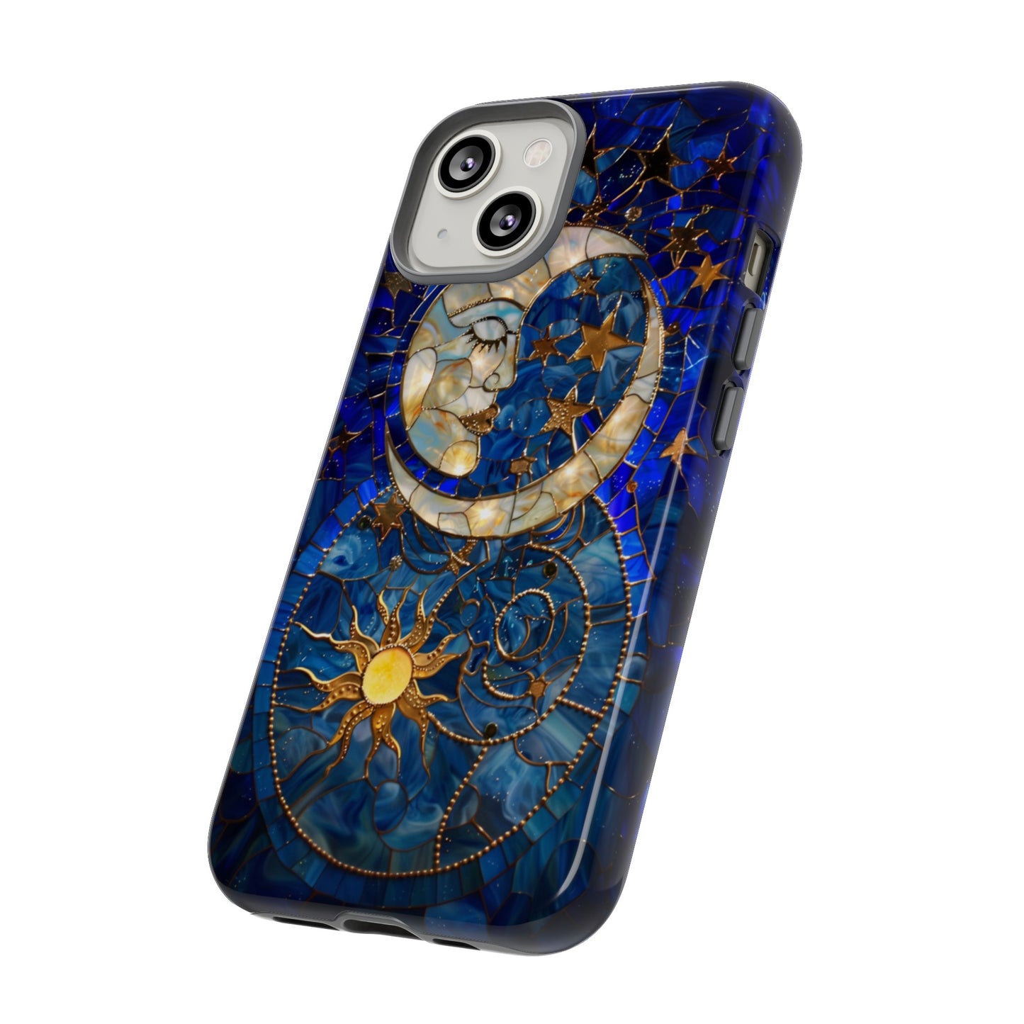 Celestial Stained Glass Moon and Stars Phone Case, Night Sky iPhone 15 Case