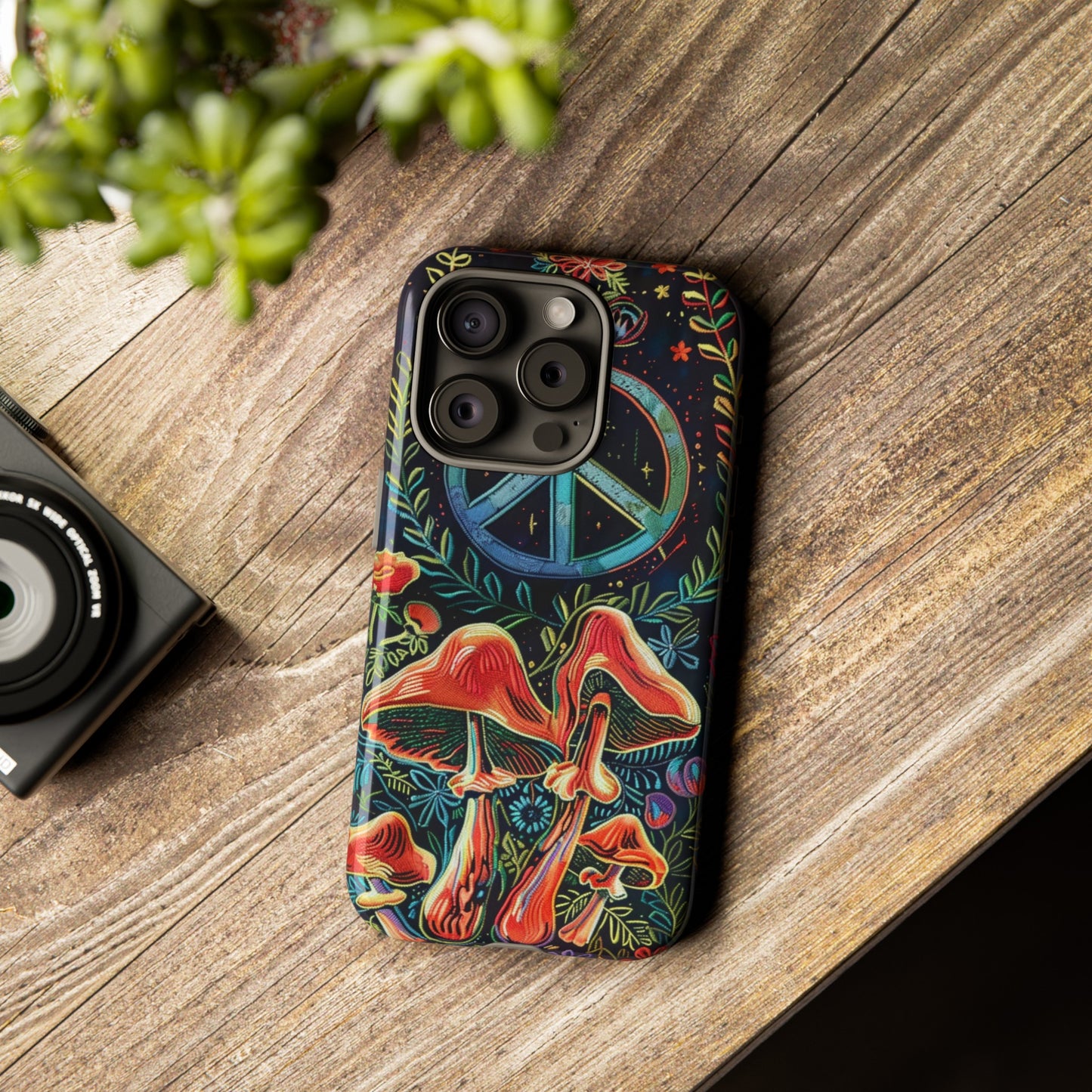 Embroidery Style Magic Mushrooms and Peace Sign Phone Case