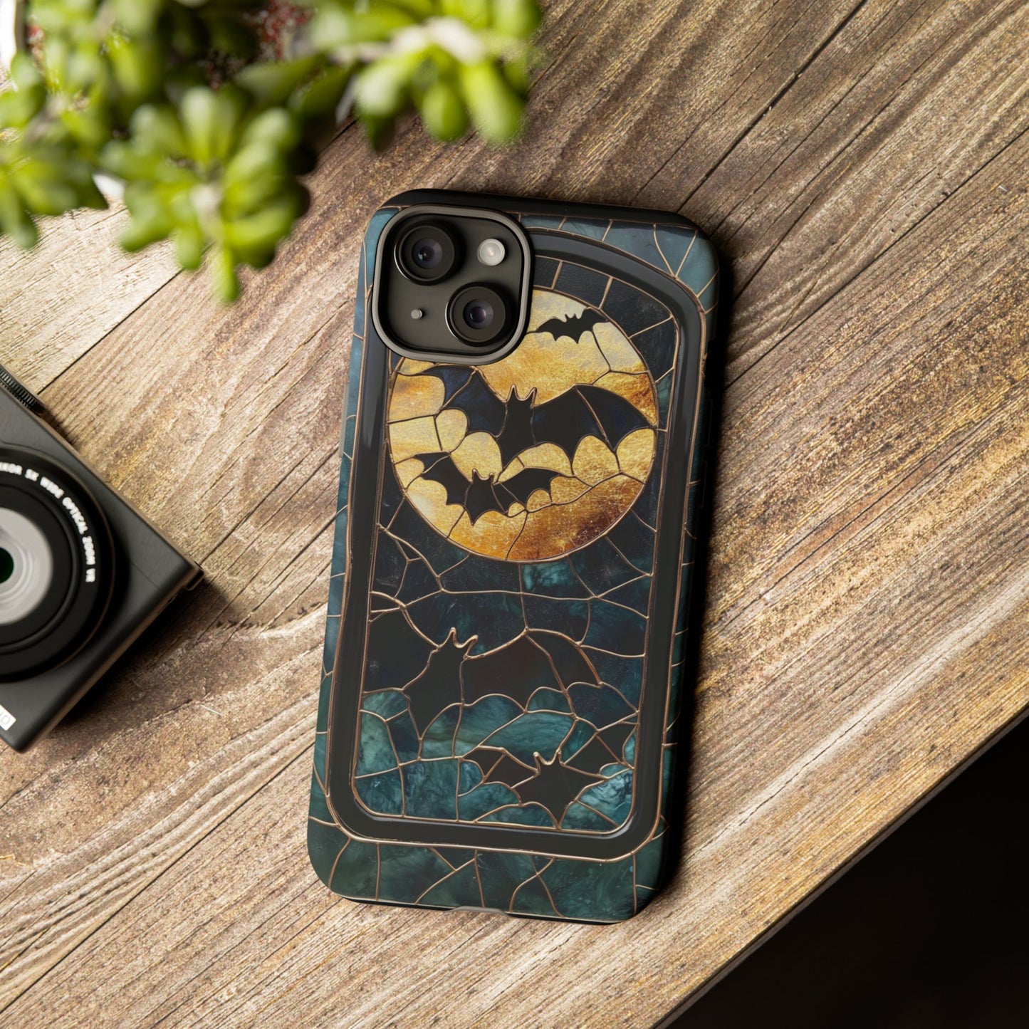 Halloween Phone Case Bats Stained Glass Style Spooky Moon Phone Cover