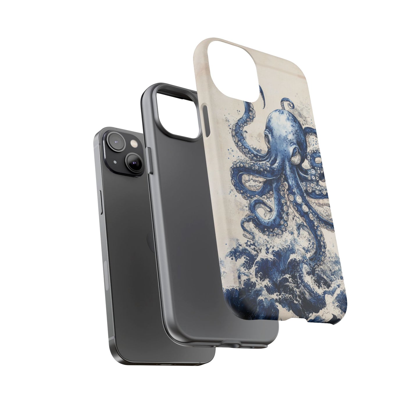 Vintage Japanese Art Style Blue Octopus and Waves Phone Cover