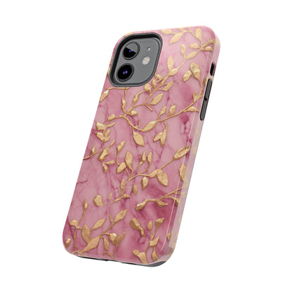 iPhone 14 Case Alluring Elegance: Pink & Gold Leaf Tough iPhone Case