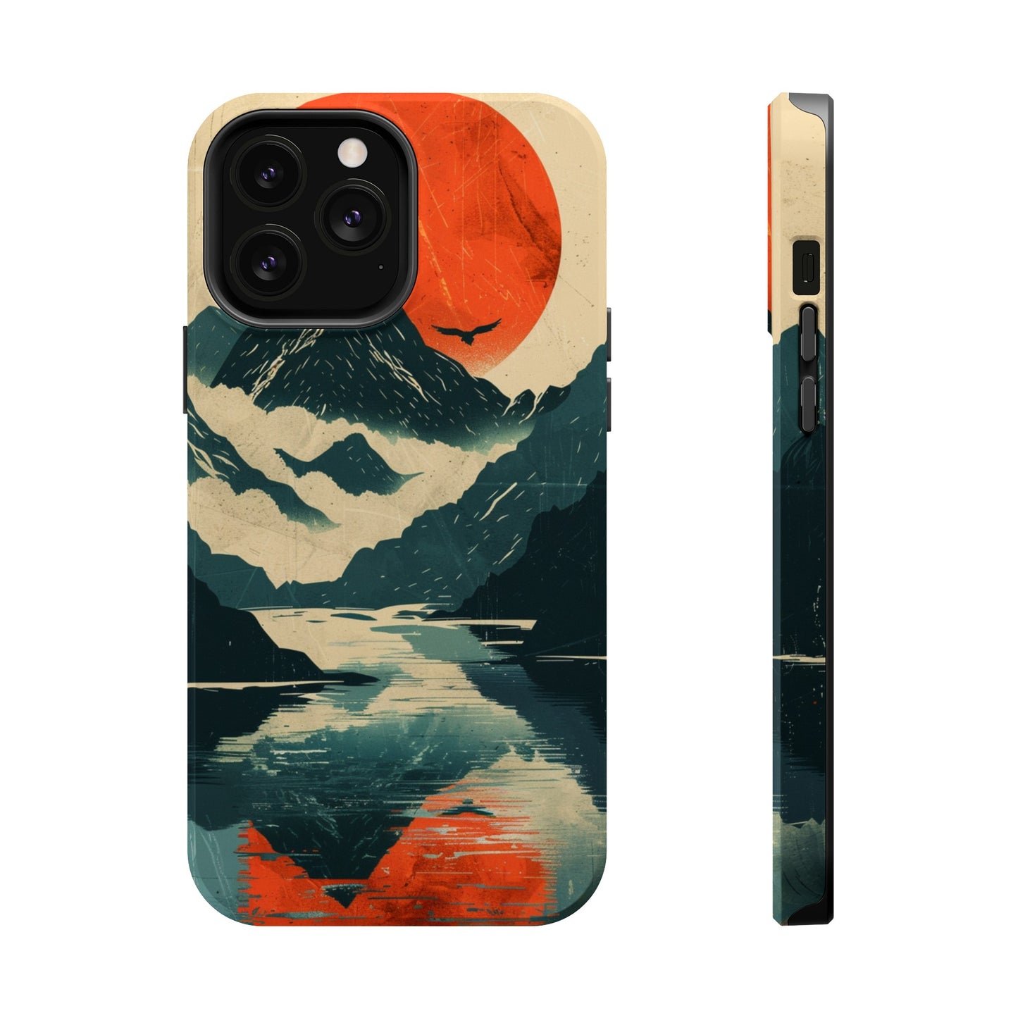 Retro iPhone Case Mountain Sunset Lake Reflection MagSafe Phone Case