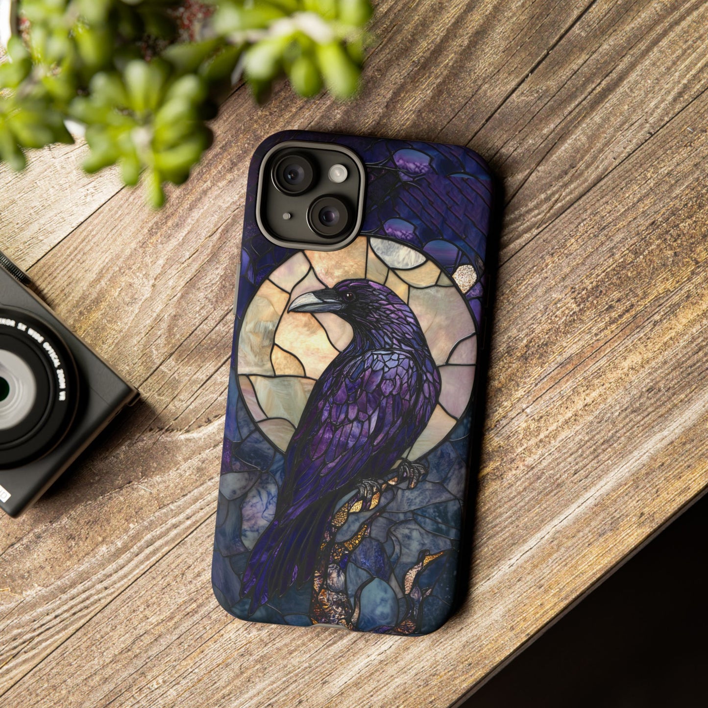 Halloween Phone Case Purple Raven Stained Glass Style Spooky Moon Phone Cover