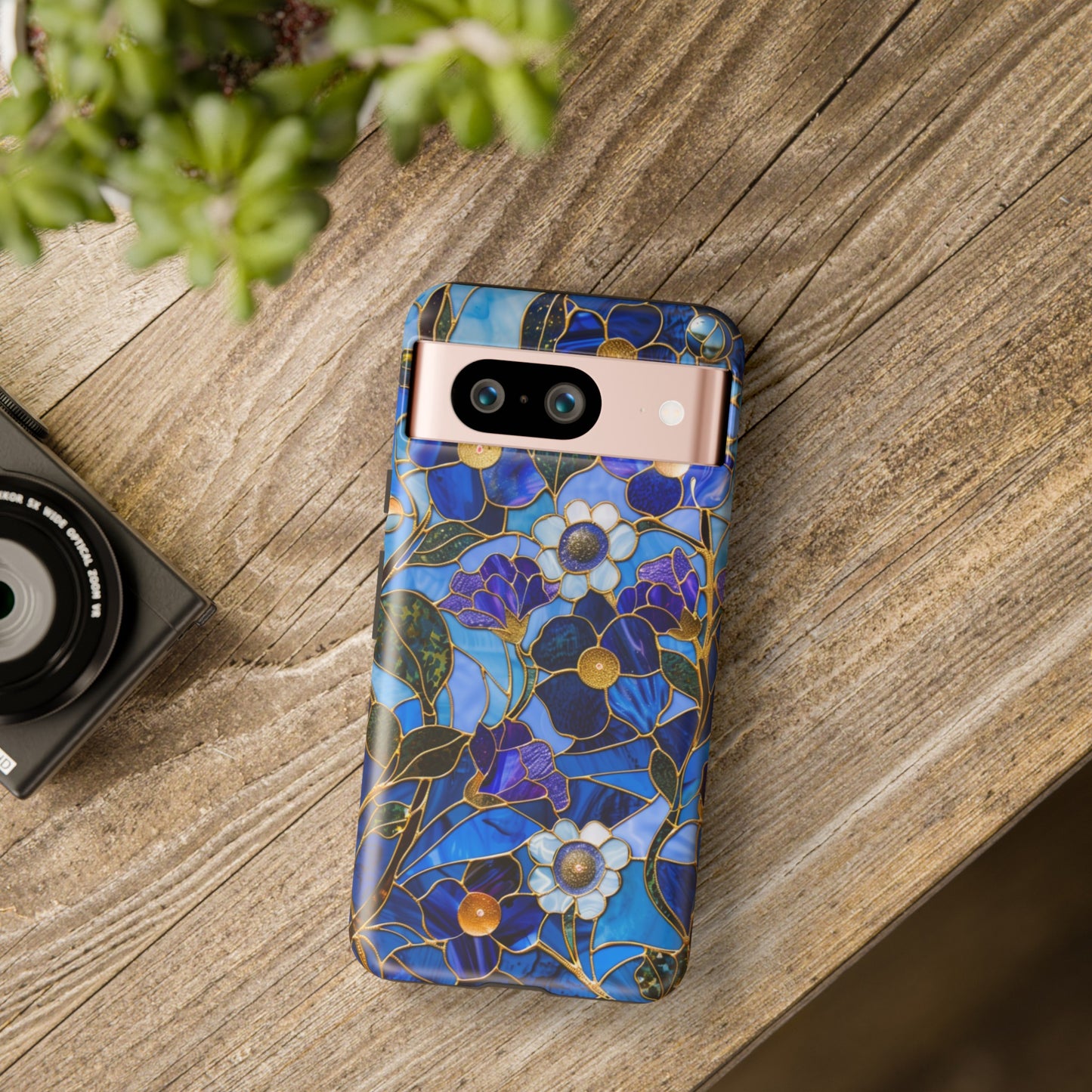 Blue Floral Stained Glass Gold Inlay Wild Flowers Phone Case