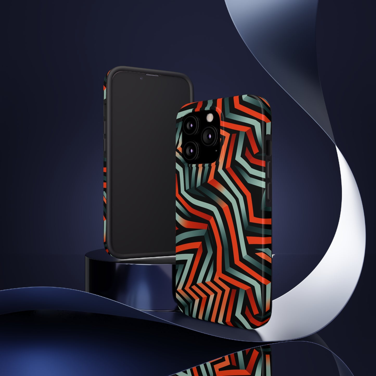 Abstract Wave Pattern Black, Blue, and Orange Psychedelic Tough iPhone Case | Embrace Vibrant Style and Reliable Protection