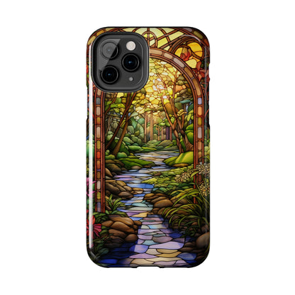 Stained Glass Stone Bridge and River Phone Case: Floral Art Nouveau Design | Bohemian Elegance for iPhone 14 Pro Max, iPhone 14 Plus