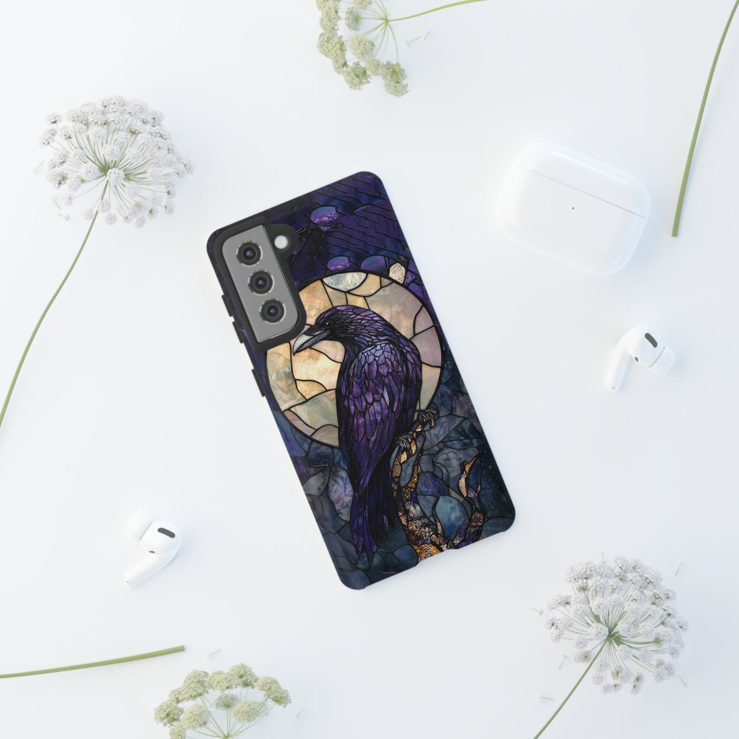 Halloween Phone Case Purple Raven Stained Glass Style Spooky Moon Phone Cover