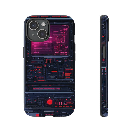 Dark techno phone case for iPhone 15 with cyberpunk scanner design