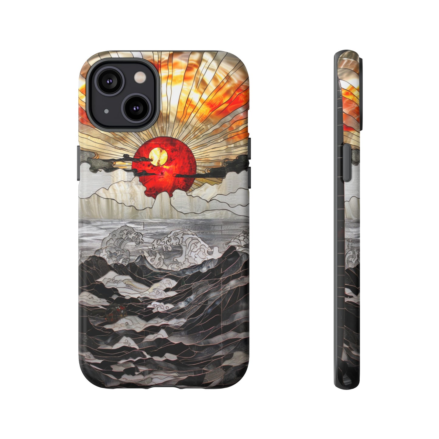 Japanese Rising Sun Phone Case Stained Glass Ocean Wave Phone Cover iPhone 15 Case