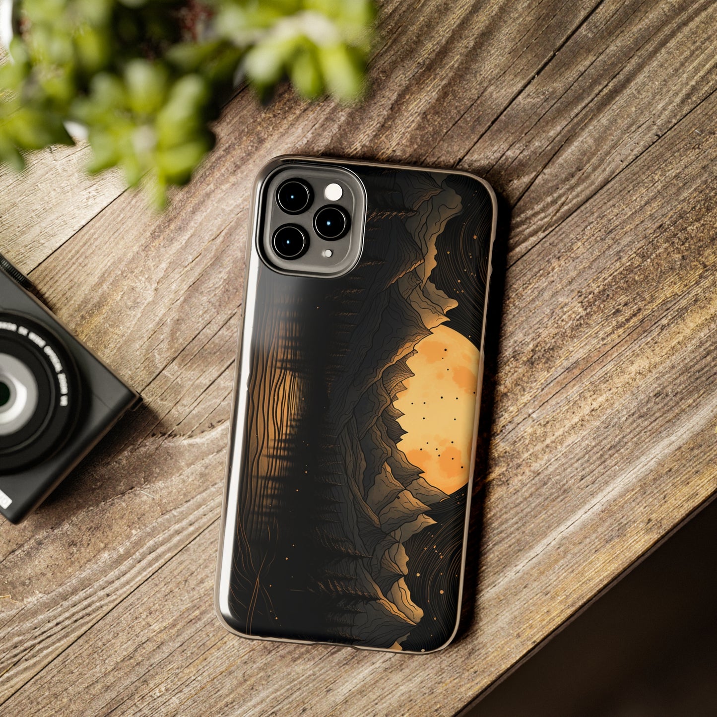 Abstract Landscape Black and Gold Mountains iPhone Case | Embrace the Mystical Full Moon