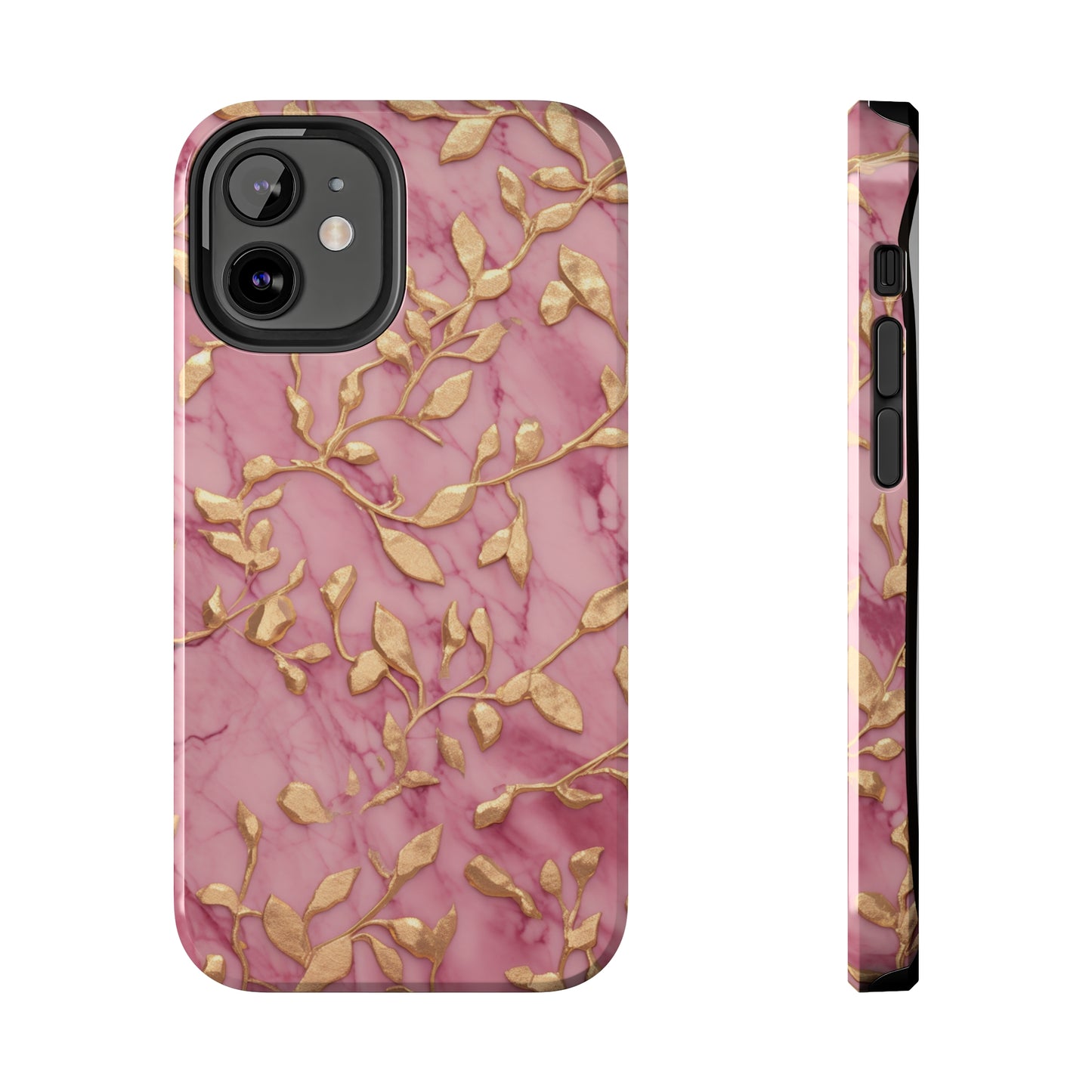 iPhone 14 Case Alluring Elegance: Pink & Gold Leaf Tough iPhone Case