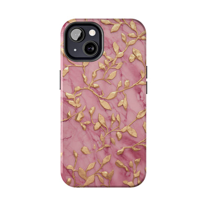 iPhone 14 Case Alluring Elegance: Pink & Gold Leaf Tough iPhone Case