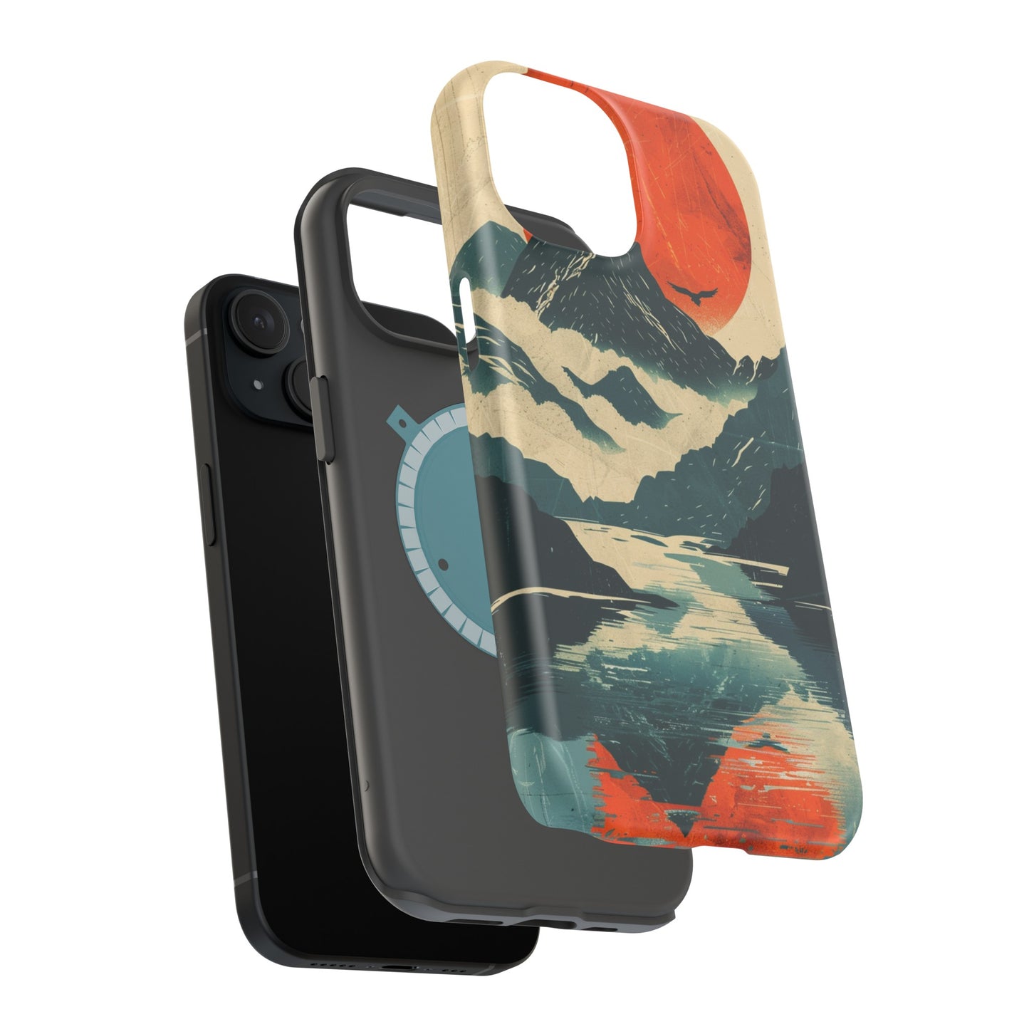 Retro iPhone Case Mountain Sunset Lake Reflection MagSafe Phone Case