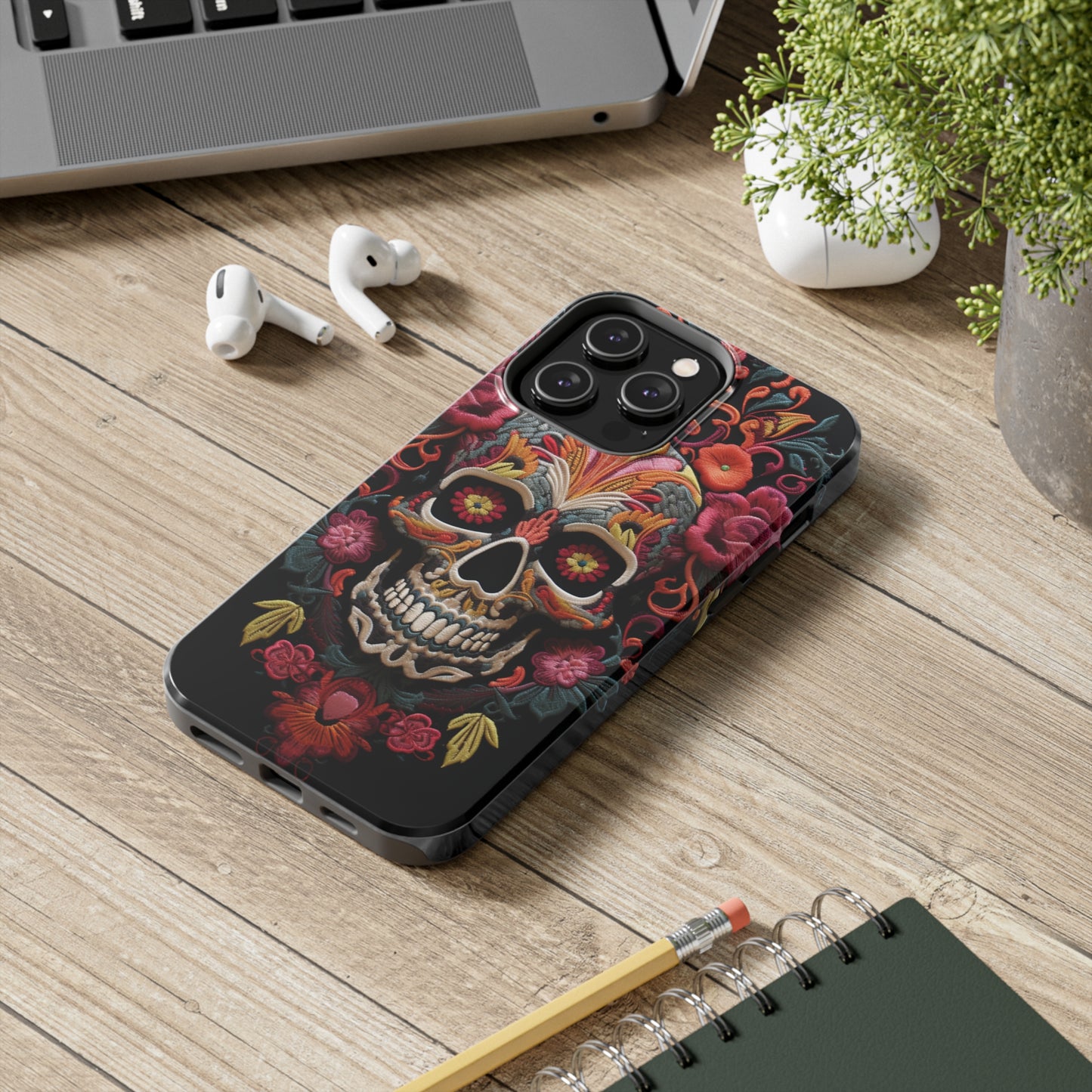 Embroidery Style Sugar Skulls Goth Dark Academia Tough Case iPhone, Edgy Cover, iPhone 14 Plus 13 12 7 8 Se Trendy Halloween Retro Vibe