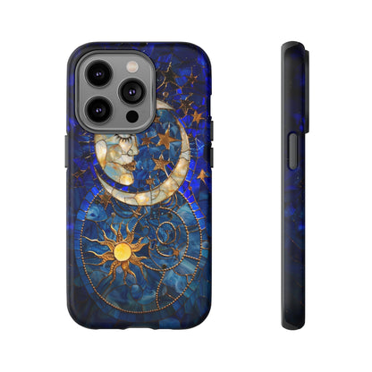 Celestial Stained Glass Moon and Stars Phone Case, Night Sky iPhone 15 Case