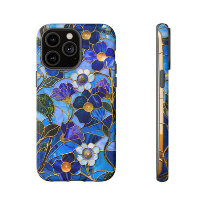 Blue Floral Stained Glass Gold Inlay Wild Flowers Phone Case