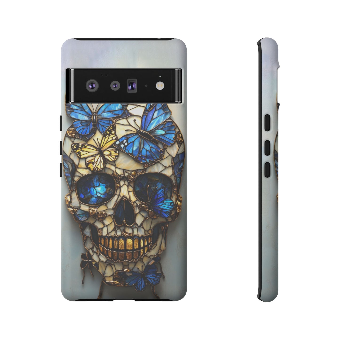 Gold and Blue Stained Glass Skull and Butterflies Phone Cover